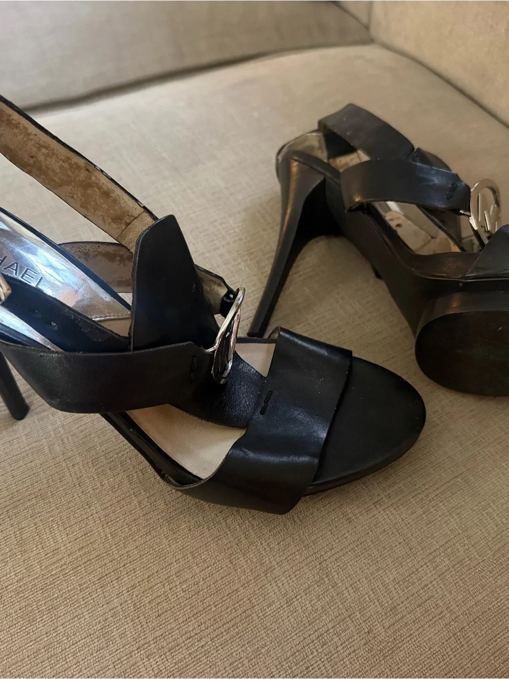 Michael Kors Black Leather MK Medallion Slingback Sandals
